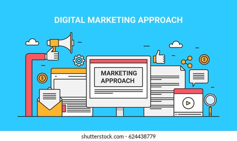 Digital marketing approach, strategies of modern internet advertising, social media flat line vector banner with icons