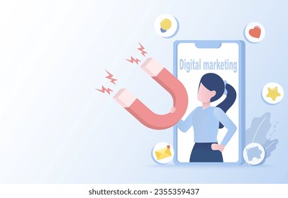 Digital marketing and attract customer satisfaction concept. Social media, online content, advertising campaign, promotion. Strategy for customer satisfaction, competition or opportunity. 