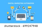 Digital marketing automation concept, marketing software. flat vector banner illustration isolated on blue background