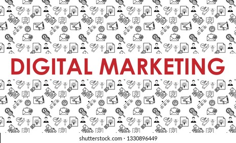 Digital Marketing background (16x9 ratio). Slide template for presentations with icons set. Banner for website and social media. Contains seamless pattern swatch. Vector design illustration.