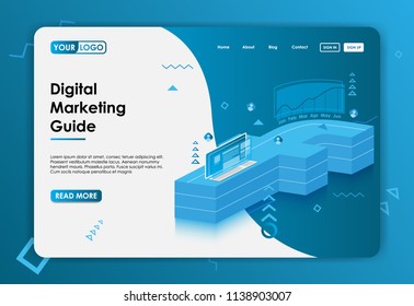 Digital marketing background for website landing page. User interface design template with 3d social media icon, computer, and analysis diagram. Vector illustration