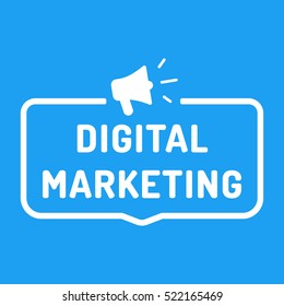 Digital marketing. Badge with megaphone icon. Flat vector illustration on blue background.