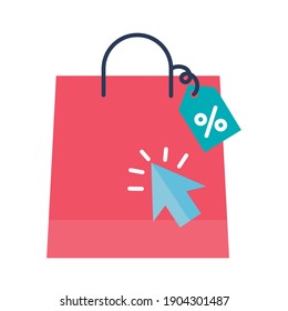 Digital marketing bag with label and cursor flat style icon design, ecommerce and shopping online theme Vector illustration
