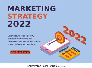 Digital Marketing banner 2022 and website. Choosing the right marketing strategy. Mockup mobile phone successful hitting the target. 3d isometric vector illustration. Popular flat colors.