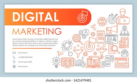 Digital Marketing Banner, Business Card Vector Template. Customer Attraction, Retention. Company Contact With Phone, Email Linear Icons. SMM, SEO. Presentation, Web Page Idea. Corporate Print Layout