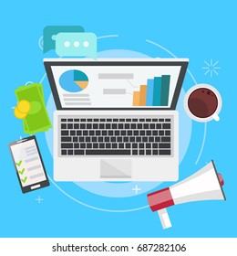 Digital marketing banner. Computer with graphs, money, megaphone and coffee. Vector flat illustration 