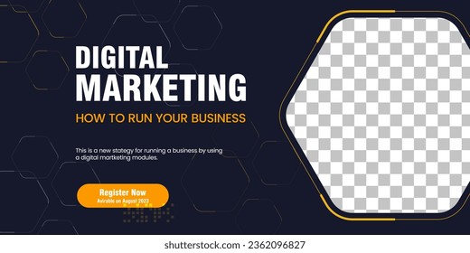 Digital marketing banner concept design and Dark blue abstract banner with Hexagon shapes water mark, used for Business webinar horizontal banner template