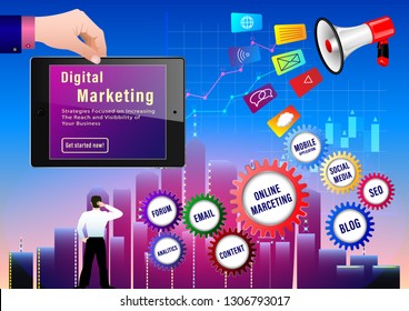 Digital Marketing Banner. Hand Holding Tablet. Megaphone Screams Icons. Color Graphics Of The Gears With Labels. Man Scratching The Back Of His Head Rear View. Vector Illustration