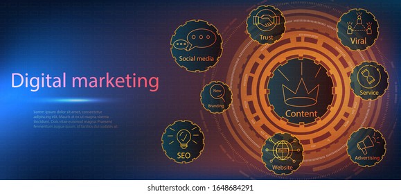 Digital marketing banner with icons and keywords icons. Vector creative illustration of digital marketing. Marketing technology concept. Vector illustration.