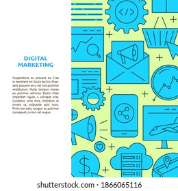 Digital marketing banner in line style with place for text. Poster with search engine optimization icons. Vector illustration.
