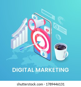 Digital marketing banner. Social Media Mobile Isometric Concept. 3d apps icons, loudspeacker, target on smartphone screen. Business analysis vector illustration for web site, mobile app, infographics.