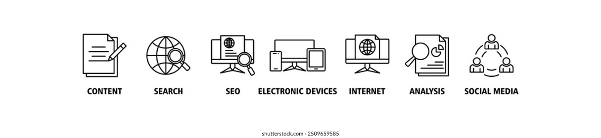 Digital marketing banner web icon set vector illustration concept with icon of content, search, seo, electronic devices, internet, analysis and social media icons symbol background perfect pixel