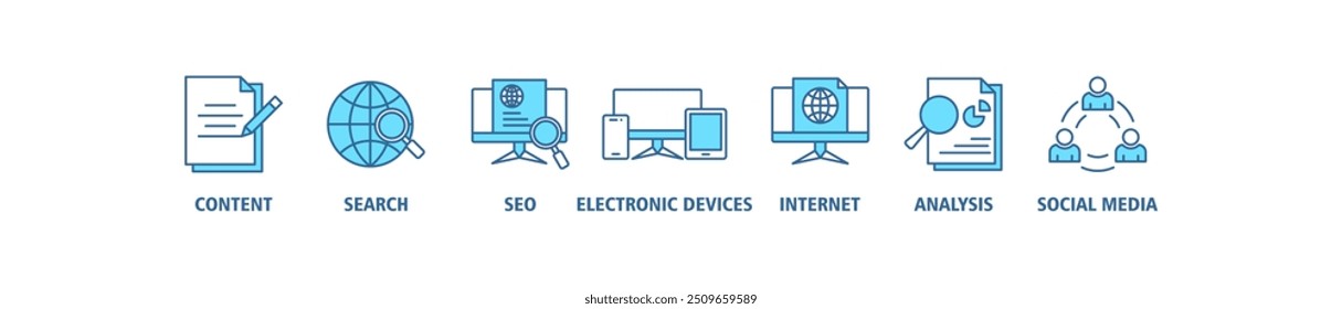 Digital marketing banner web icon set vector illustration concept with icon of content, search, seo, electronic devices, internet, analysis and social media icons symbol background perfect pixel