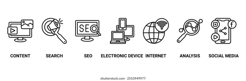 Digital marketing banner web icon vector illustration concept with icon of content, search, seo, electronic devices, internet, analysis and social media