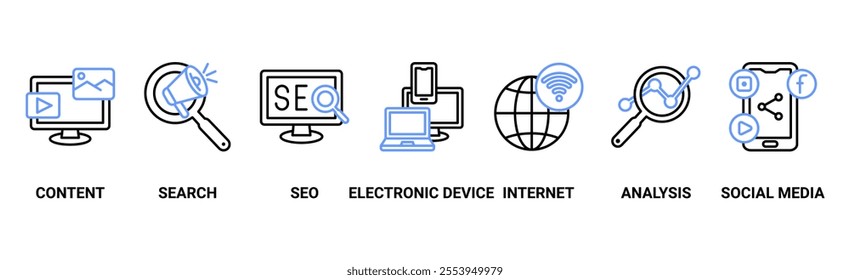 Digital marketing banner web icon vector illustration concept with icon of content, search, seo, electronic devices, internet, analysis and social media