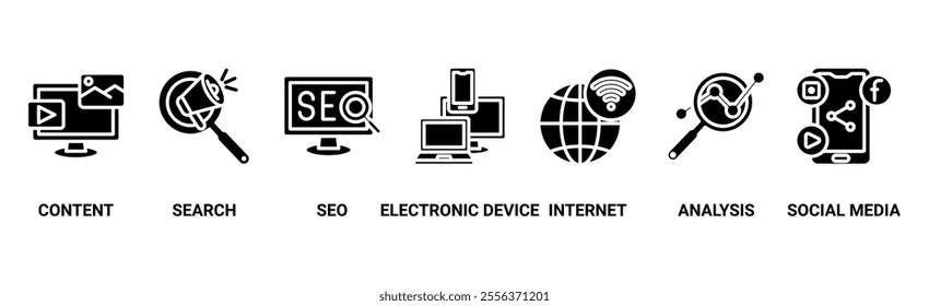 Digital marketing banner web icon vector illustration concept with icon of content, search, seo, electronic devices, internet, analysis and social media