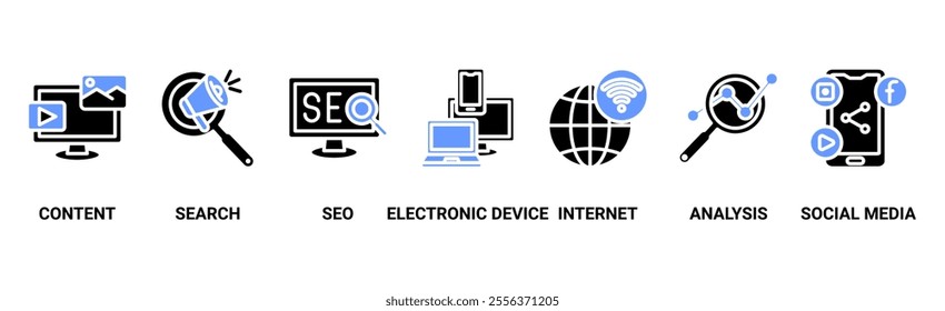 Digital marketing banner web icon vector illustration concept with icon of content, search, seo, electronic devices, internet, analysis and social media