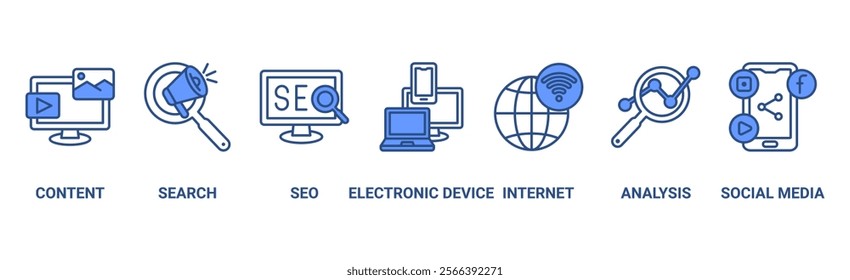 Digital marketing banner web icon vector illustration concept with icon of content, search, seo, electronic devices, internet, analysis and social media