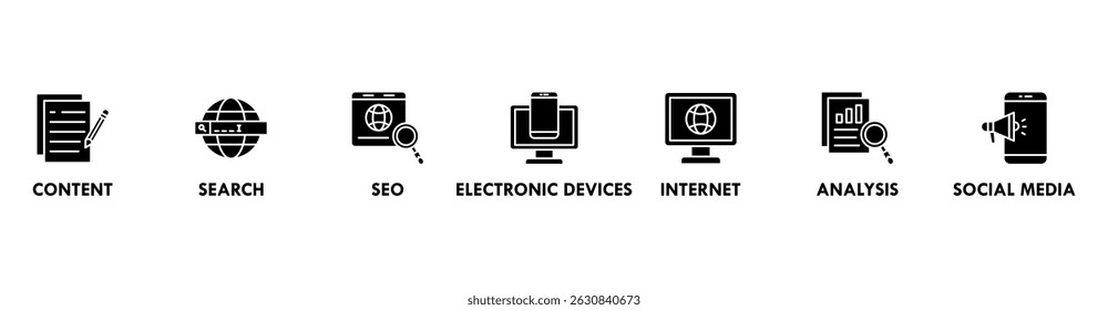 Digital marketing banner web icon vector illustration concept with icon of content, search, seo, electronic devices, internet, analysis and social media