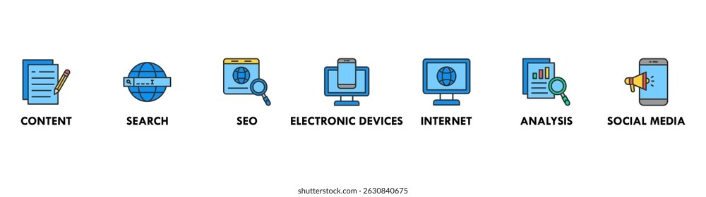 Digital marketing banner web icon vector illustration concept with icon of content, search, seo, electronic devices, internet, analysis and social media