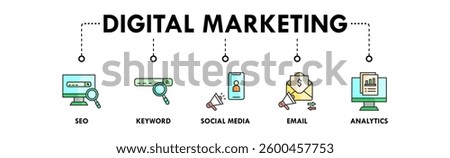 Digital Marketing banner web icon vector illustration concept with icon of seo, keyword, social media, email, and analytics