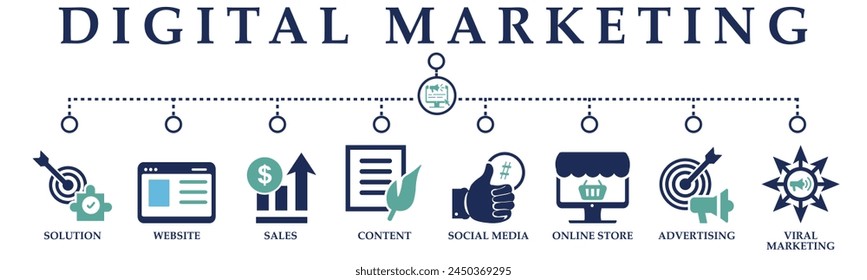 Digital marketing banner web solid icons. Vector illustration concept including icon of solution, website, sales, content, social media, online store, advertising and viral marketing