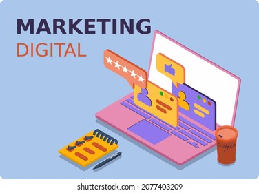Digital Marketing banner and website. Business analysis, content strategy and management. Mockup laptop and profile pages rated 5 stars. 3d isometric vector illustration. Popular flat colors.