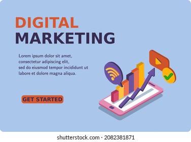 Banner de marketing digital y sitio web. Descarga de video wi-fi y teléfono móvil de autoedición. Lograr el objetivo. Análisis y estrategia de negocio. Ilustración vectorial isométrica 3d. Colores planos populares