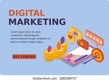 Digital Marketing banner and website. Mockup mobile phone and 5 stars and more likes video. Successful hitting the target. Analysis and strategy. 3d isometric vector illustration. Popular flat colors.