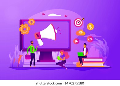 Digital marketing benefit. Web analytics. Programmers working in team. Marketing activity. Attribution modeling, brand insight, measurement tools concept. Vector isolated concept creative illustration
