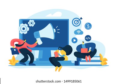 Digital marketing benefit. Web analytics. Programmers working in team. Marketing activity. Attribution modeling, brand insight, measurement tools concept. Vector isolated concept creative illustration