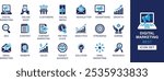 Digital Marketing best solid icon set collection. Online shop, customers, social media, newsletter, advertising, growth, seo, content, analytics, streaming, and vector illustration.