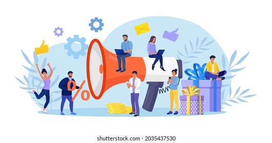 Digital Marketing. Big Megaphone with Gift Box. Promoter Attracts Customers, Investors. Loyalty Reward, Discount, Bonus Program. Attraction of Target Audience, Subscribers. Social Network Promotion