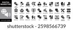 Digital marketing black and White flat style icon set. Website, social media, seo, sales and more, Filled vector symbol collection. glyph icons for web and ui. Vector illustration