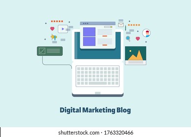 Digital marketing blog, Blog content for digital marketing, Content development - conceptual vector illustration with icons horizontal banner