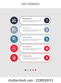 Digital marketing, blog, internet, Content management, Marketing research icons Infographic design template. Creative concept with 5 steps