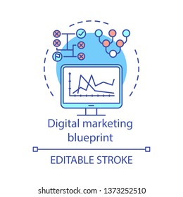 Digital marketing blueprint concept icon. SEO strategy idea thin line illustration. Content management. Marketing analytics. Monitoring, ranking. Vector isolated outline drawing. Editable stroke