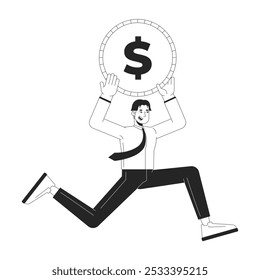 Orçamento de marketing digital preto e branco conceito de ilustração 2D. Homem asiático correndo com moeda de dólar caractere de contorno isolado. Alocação de fundos para promoção de negócios metáfora monocromática vetor arte