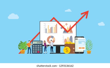 Digital Marketing Budget Financial Campaign For Advertising Team People Working Together With Graph And Chart - Vector Illustration