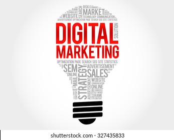Nube de palabras de bombilla de marketing digital, concepto de negocio