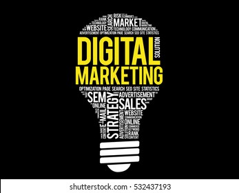 Digital Marketing bulb word cloud collage, business concept background