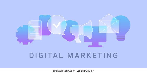 Digital marketing business composition on blue background. Glass morphism vector illustration - Powered by Shutterstock - Get 15% off with code: PIKWIZARD15