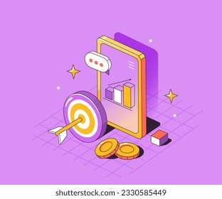 Digital marketing business concept. Smartphone with finance graph, target and other business objects. Modern 70s aesthetic 3d style. Retro flat design. Vector isometric illustration