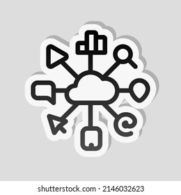 Digital marketing, business icon. Linear sticker, white border and simple shadow on gray background