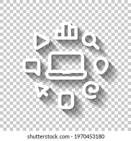 Digital marketing, business icon. White linear icon with editable stroke and shadow on transparent background