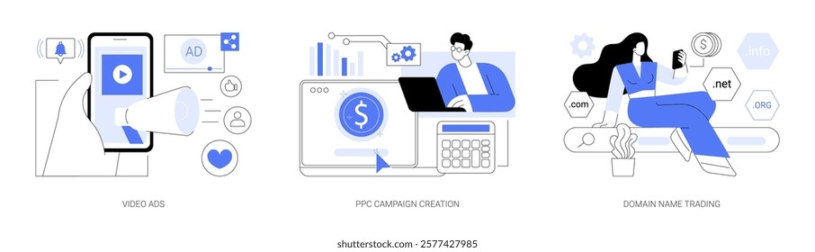 Digital marketing business isolated cartoon vector illustrations set. Man creating viral video advertising, context ads, PPC campaign creation, domain name trading, professional smm vector cartoon.