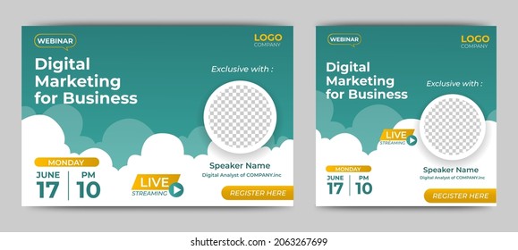 Digital Marketing for Business live webinar banner invitation and social media post template. Business webinar invitation design