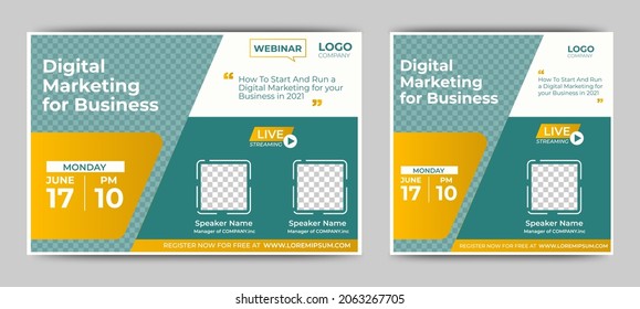 Digital Marketing for Business live webinar banner invitation and social media post template. Business webinar invitation design