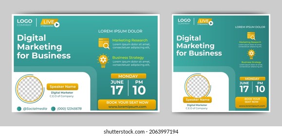 Digital Marketing for Business live webinar banner invitation and social media post template. Business webinar invitation design