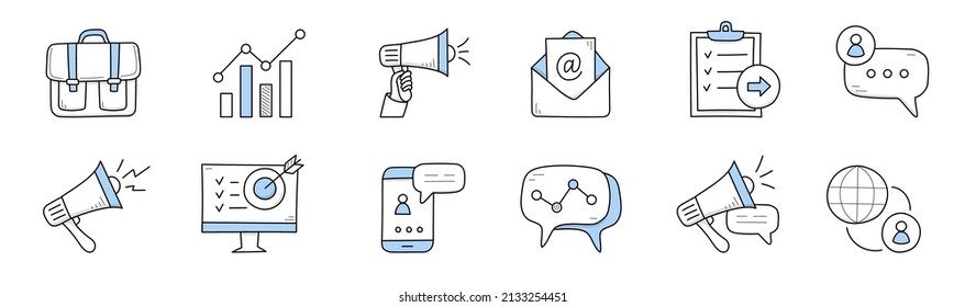 Digital Marketing, Business Online Advertising Campaign Icons. Vector Doodle Set Of Symbols Of Market Strategy In Internet And Social Media With Megaphone, Mobile Phone, Graph, Target And Briefcase